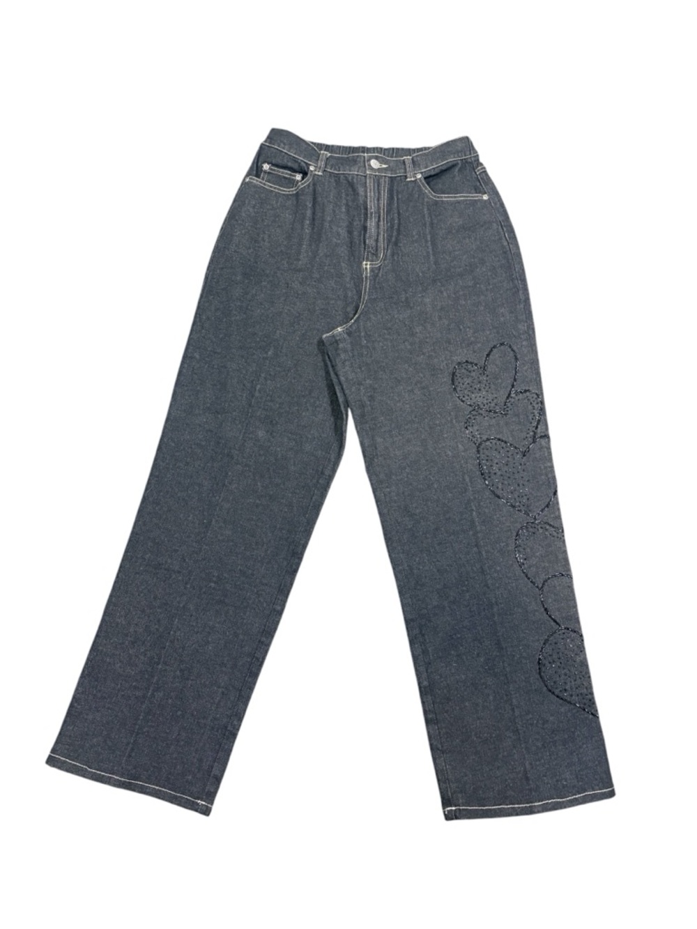 Quacker Factory Dark Wash Jeans Heart Appliqué Wide Leg SzM Y2K Quirky Fun Comfy